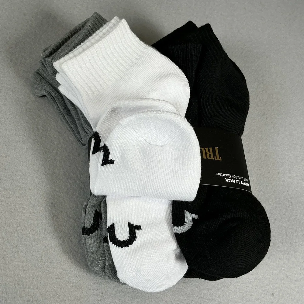 True Religion Mens 12 Pack Quarter Socks Cushioned Black White Gray 10-13‎